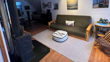 Smart TV, fireplace, books