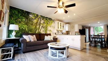 Smart TV, fireplace, table football, books