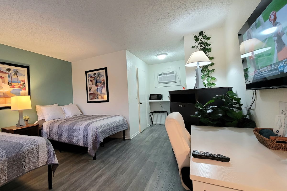 A hotel room with two beds, a desk, a TV, and a plant.