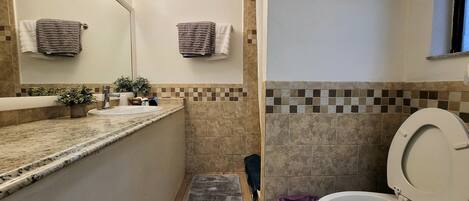 Un baño pequeño con lavamanos, espejo, toallero y retrete.