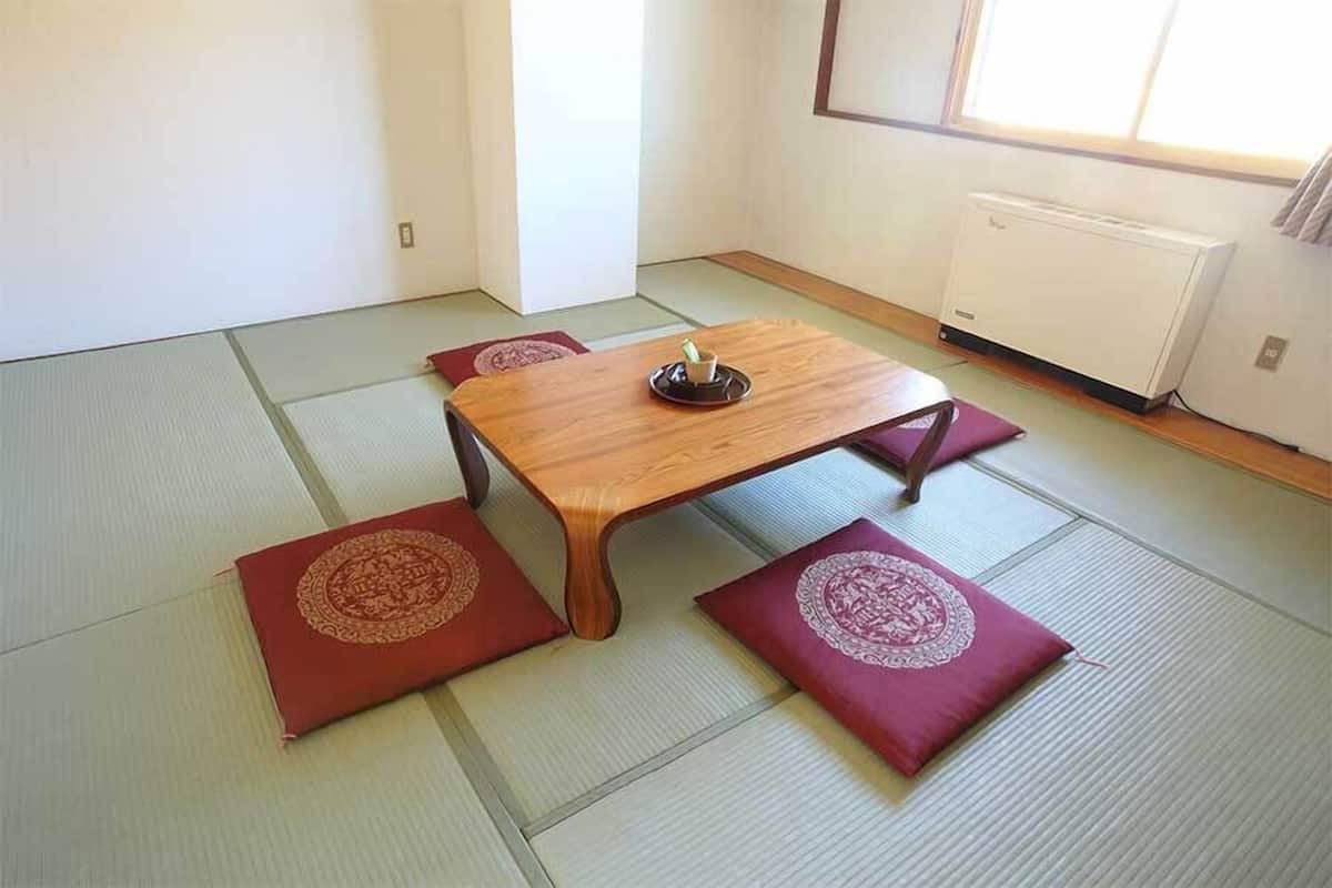 A room with tatami mat flooring, a wooden table with a tray, and two cushions with a circular design.