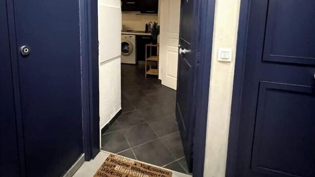 A hallway with dark blue doors leading to a kitchen area. - Beau Studio Nice - Riquier (Nice)