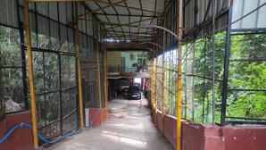 Un couloir intérieur aux murs recouverts d’un treillis métallique, doté d’un sol en béton et offrant une vue sur la verdure à l’extérieur.