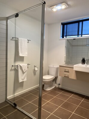 Dusche, Haartrockner, Handtücher, Seife