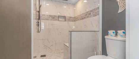 Combined shower/tub, hair dryer, towels, shampoo