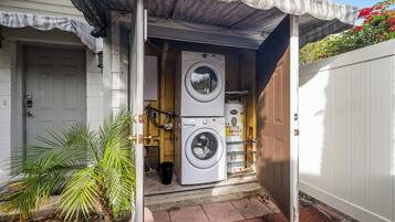 A laundry room with two stacked washers and dryers, a small palm tree, and a white door.