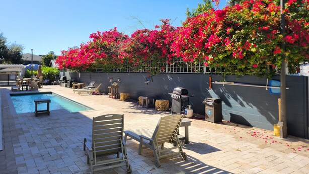 Un espace aménagé au bord de la piscine, comprenant un barbecue, des chaises longues et un mur recouvert de fleurs roses éclatantes.