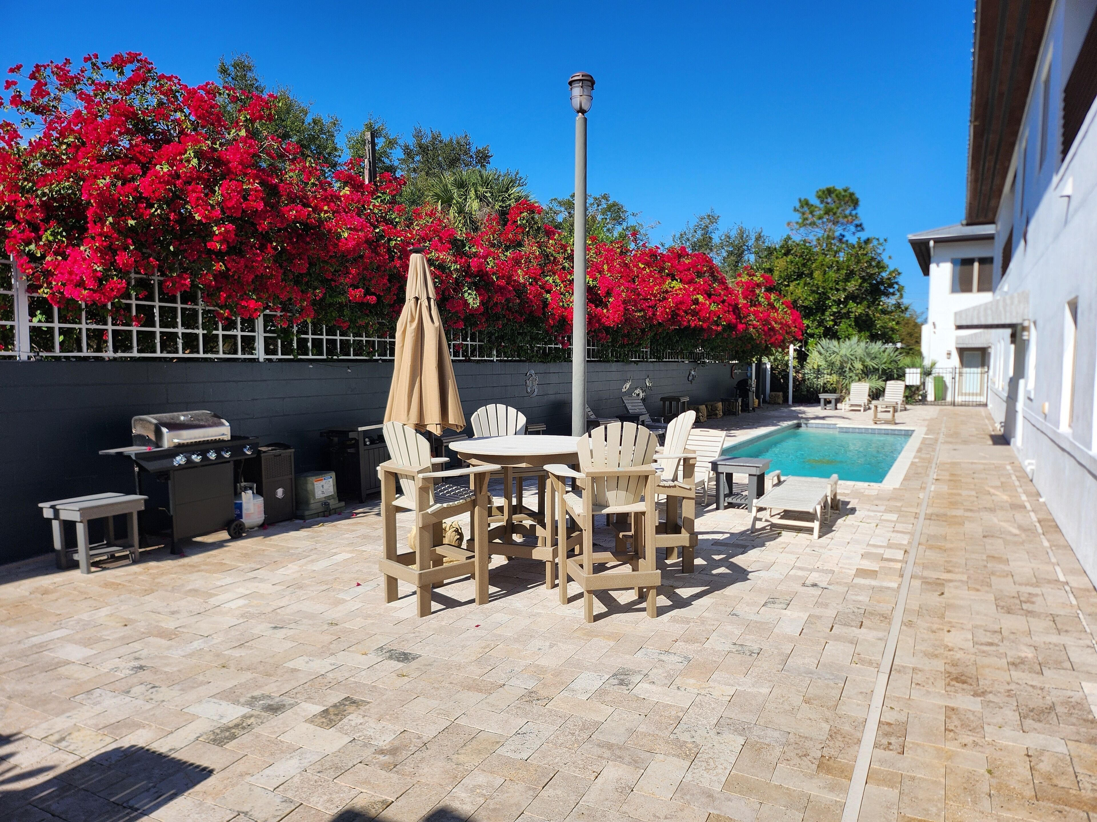 An outdoor patio with a pool, surrounded by red flowers and a white building.