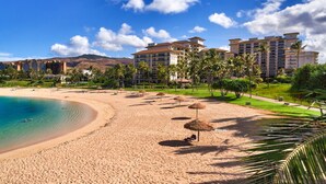 Un complejo turístico en la playa con varios edificios hoteleros, una playa de arena y palmeras.