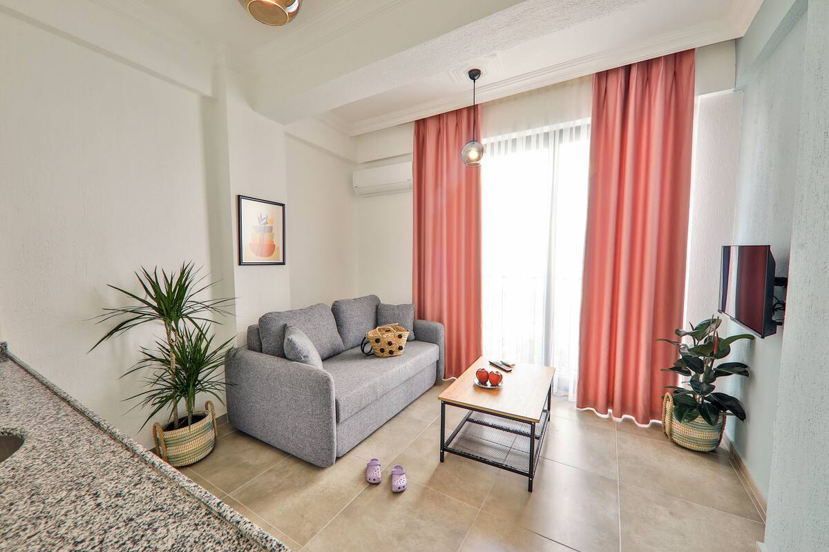 Uma sala de estar com um sofá cinza, uma mesa de centro de madeira e uma planta em vaso.