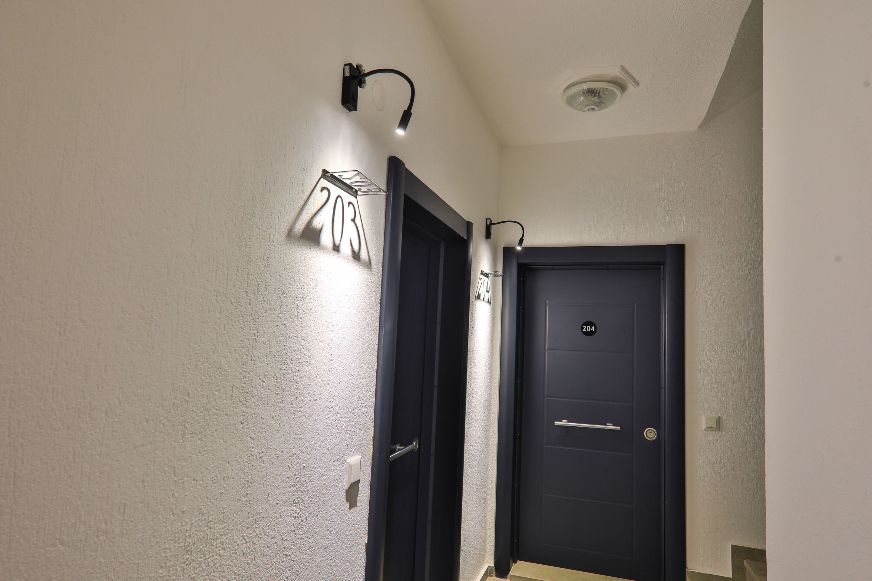 A hallway with two doors, one labeled 203 and the other 204, and a wall-mounted light fixture.