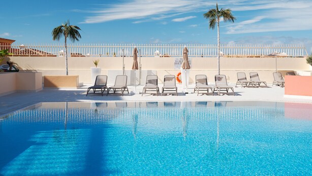 En swimmingpool med liggestole og palmer.