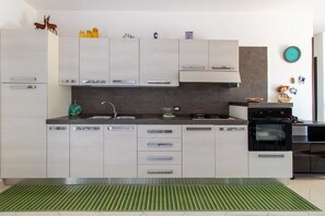 Een koelkast, een oven, een kookplaat, kookgerei, borden en bestek