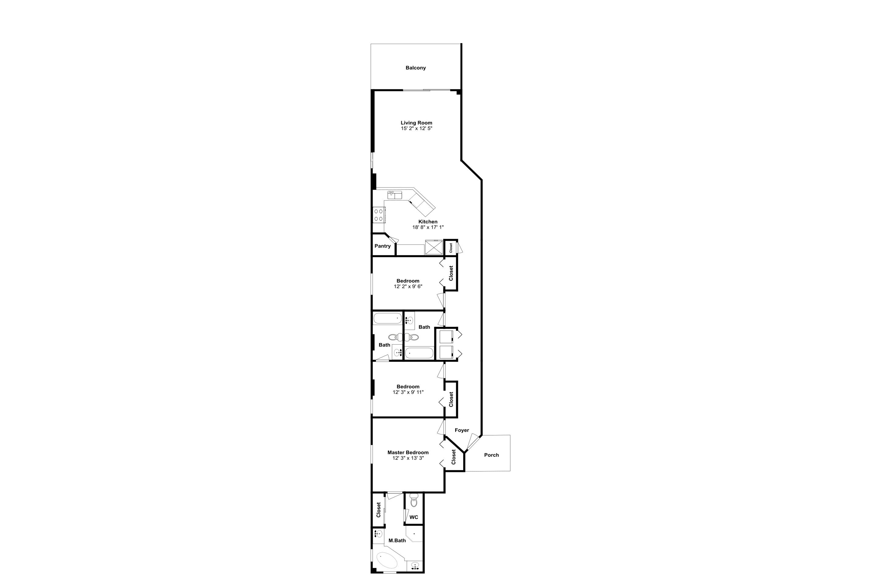 A floor plan of a hotel with a balcony, living room, kitchen, pantry, two bedrooms, master bedroom, bathroom, foyer, and a porch.