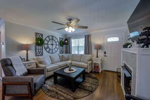 Smart TV, fireplace, books