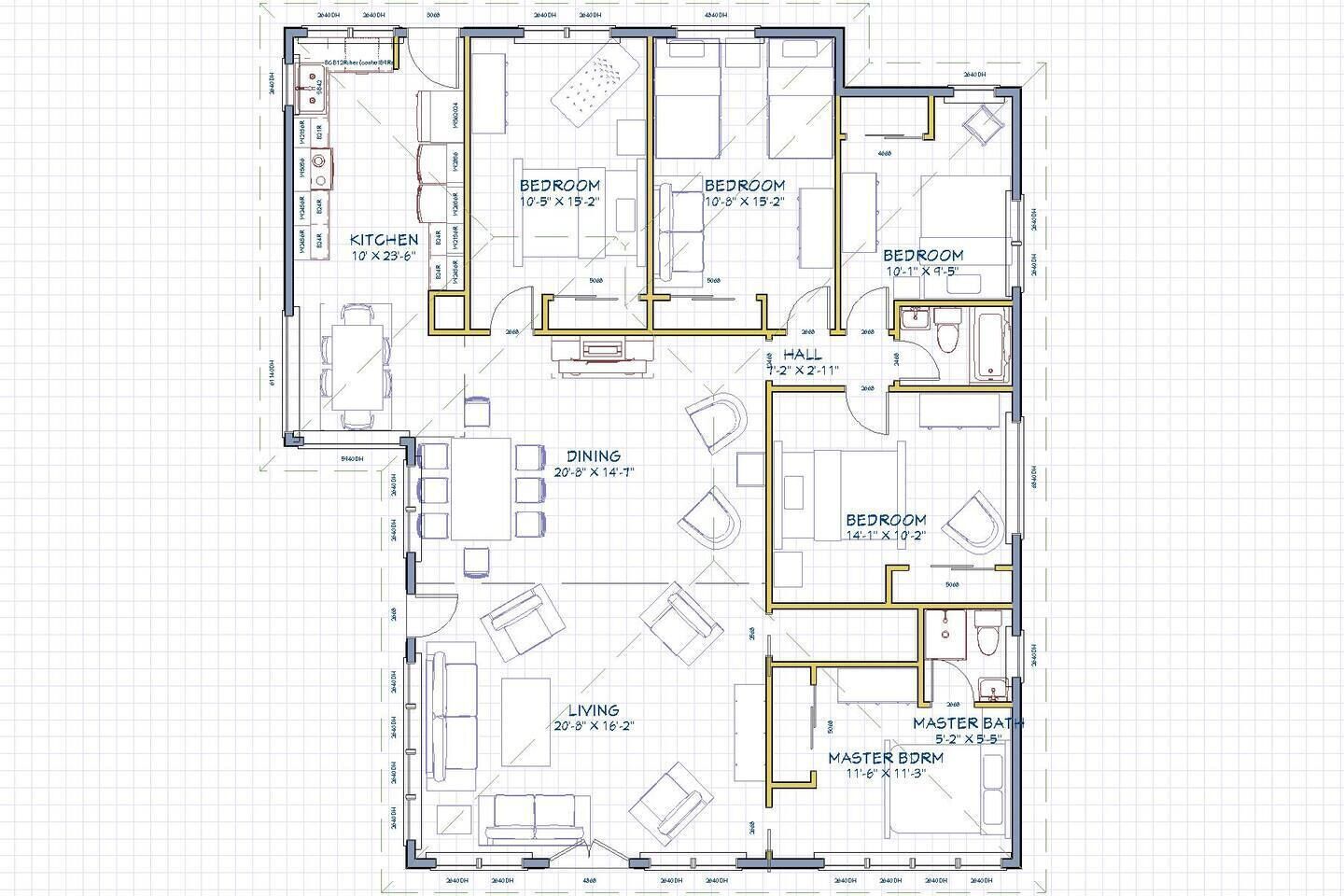 A floor plan of a house with a kitchen, two bedrooms, a dining area, a living room, a master bathroom, and a master bedroom.