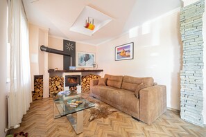 Smart TV, fireplace, books, computer monitors