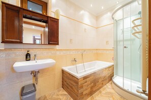 Ensemble baignoire-douche, séchoir à cheveux, serviettes fournies, savon