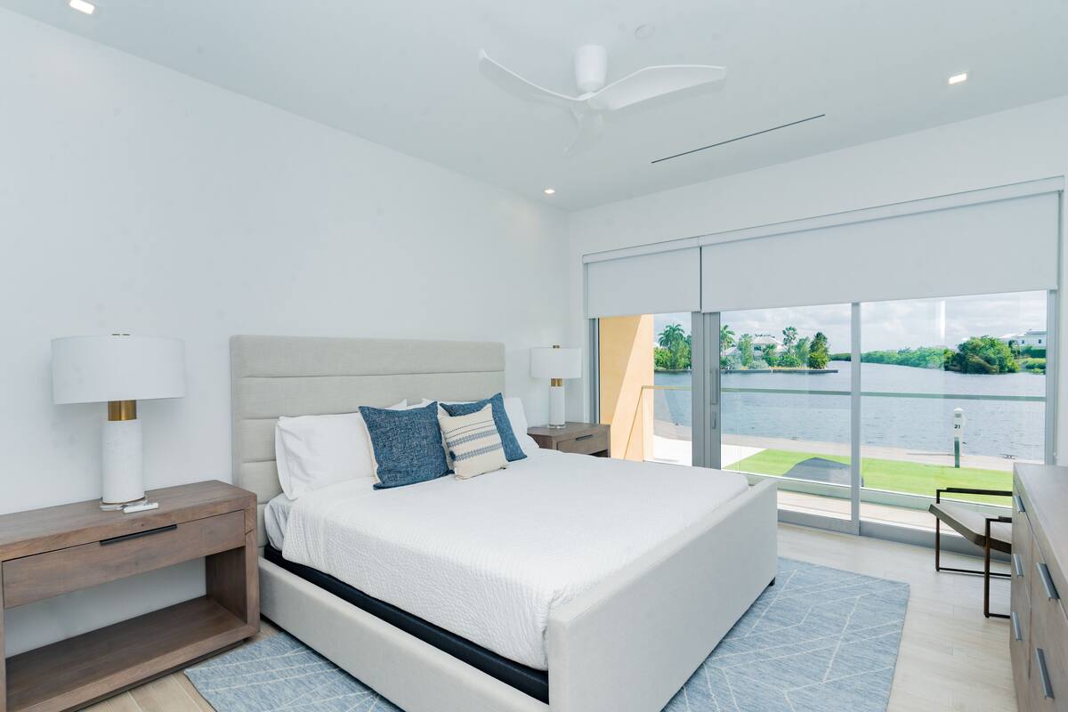 A modern bedroom with a large bed, a nightstand, a dresser, and a view of a lake through large windows.