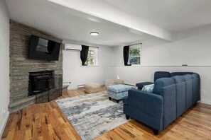 Fernseher, Kamin, Bücher, Arbeitsbereiche