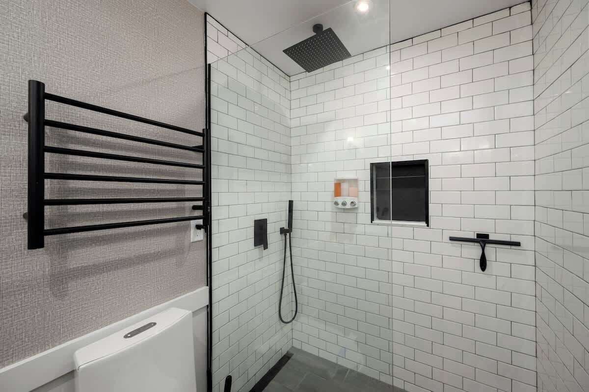 Shower, hair dryer, shampoo