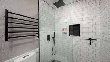 Shower, hair dryer, shampoo