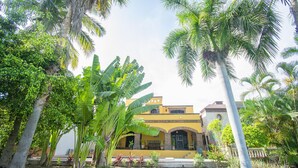 A yellow building with a covered patio and palm trees in the foreground.