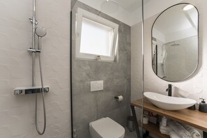 Shower, hair dryer, towels, toilet paper