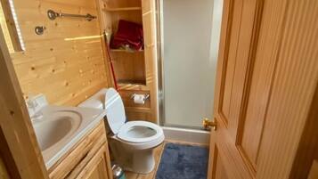 Shower, hair dryer, towels, toilet paper