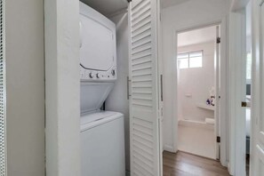 Shower, hair dryer, shampoo