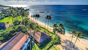 Una propiedad costera con playa, palmeras y vista al océano.