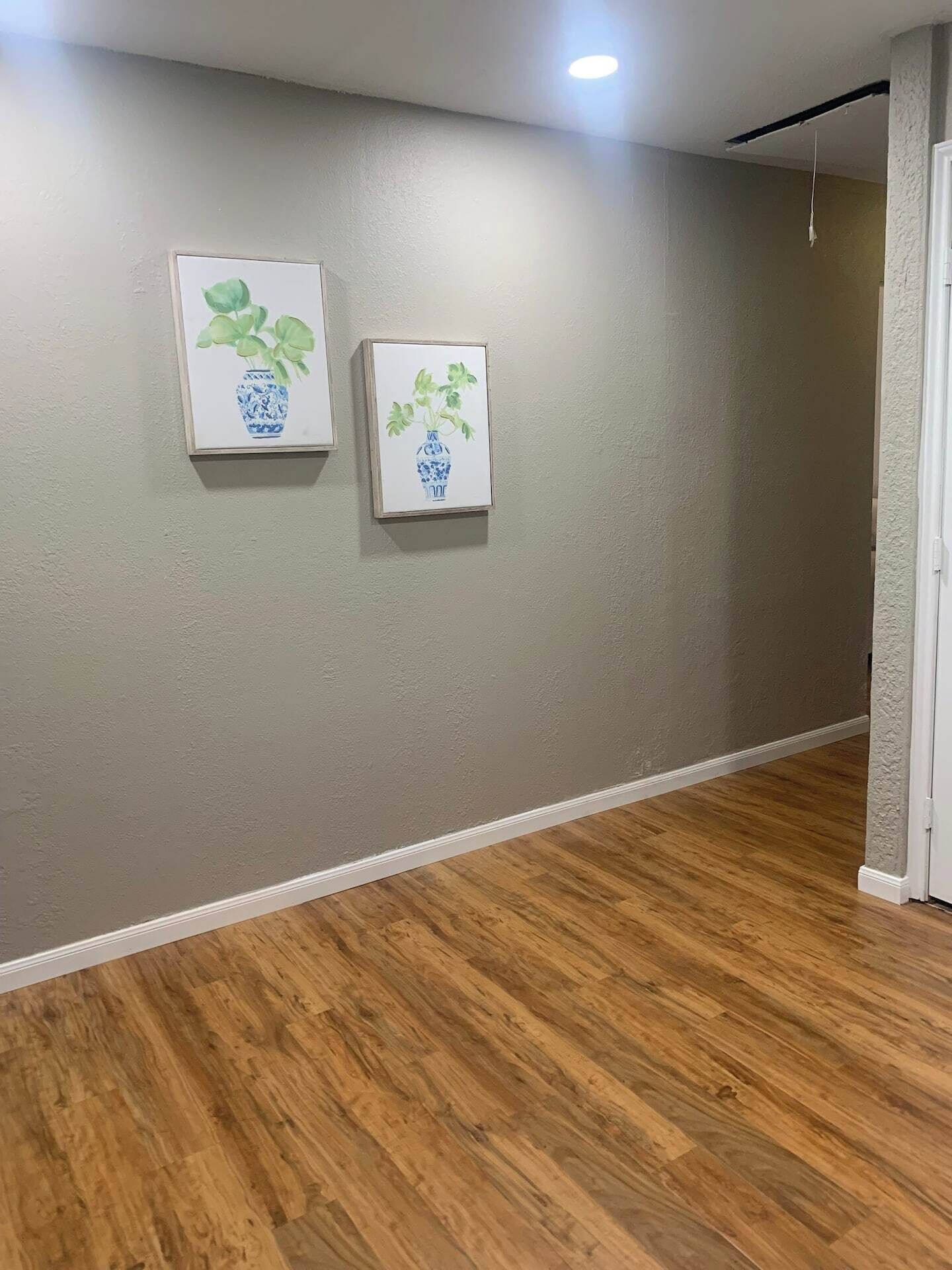 Un couloir doté d’un plancher en bois et orné de deux œuvres d’art encadrées au mur.
