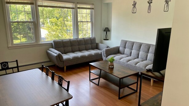 A living room with a grey sofa, a wooden coffee table, and a TV. There are three windows with blinds, a lamp, and a plant on the coffee table. - The Village - Private apartment w/ parking 5 min walking (Mamaroneck)