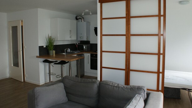 Een moderne woonkamer met een grijze bank, een keukenhoek met een magnetron en een spoelbak, en een schuifdeur met een rasterpatroon.