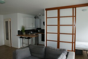 Ein modernes Wohnzimmer mit grauem Sofa, einer Küchenzeile mit Mikrowelle und Spüle sowie einer Schiebetür mit Gittermuster.