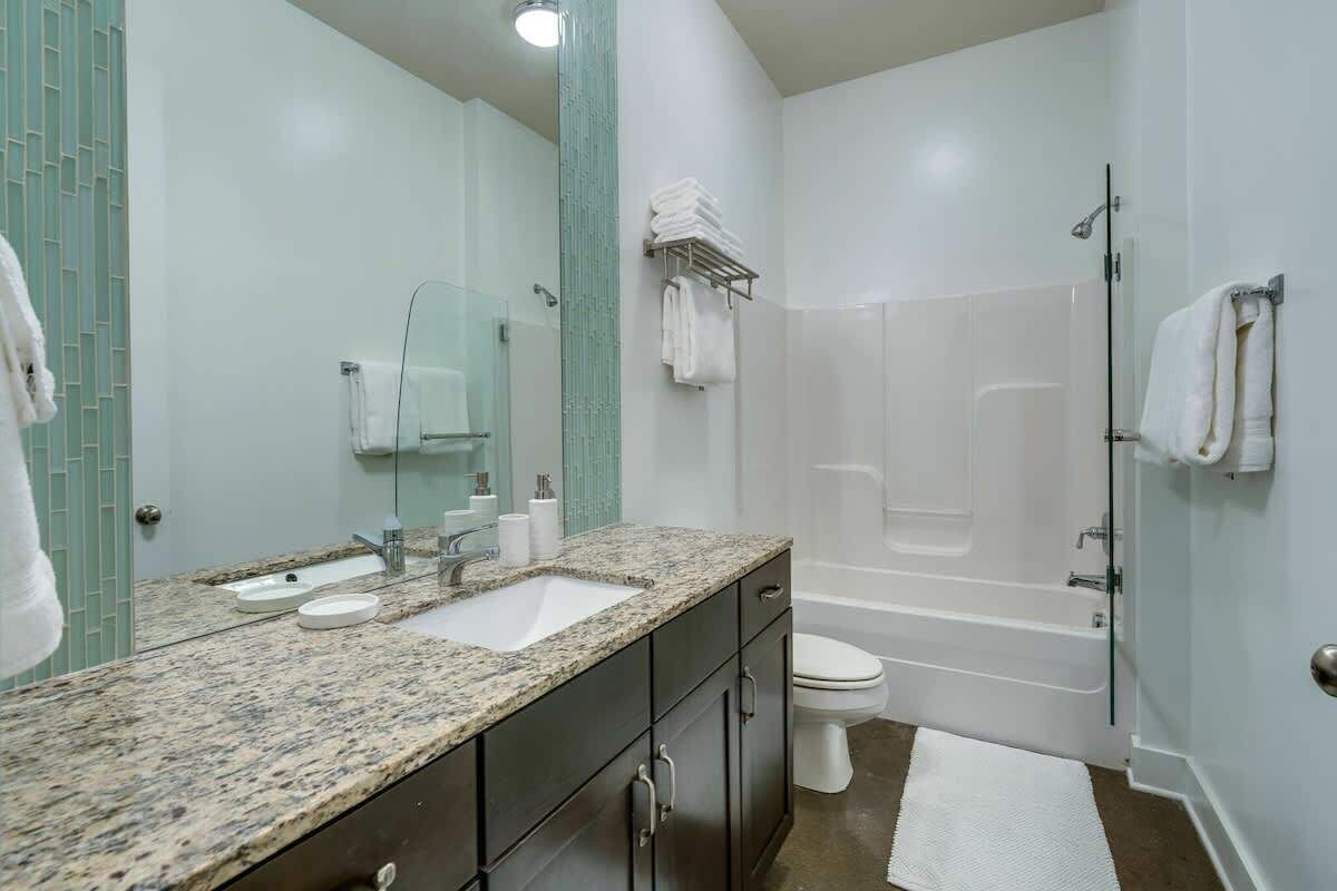 Combined shower/bathtub, hair dryer, towels, shampoo