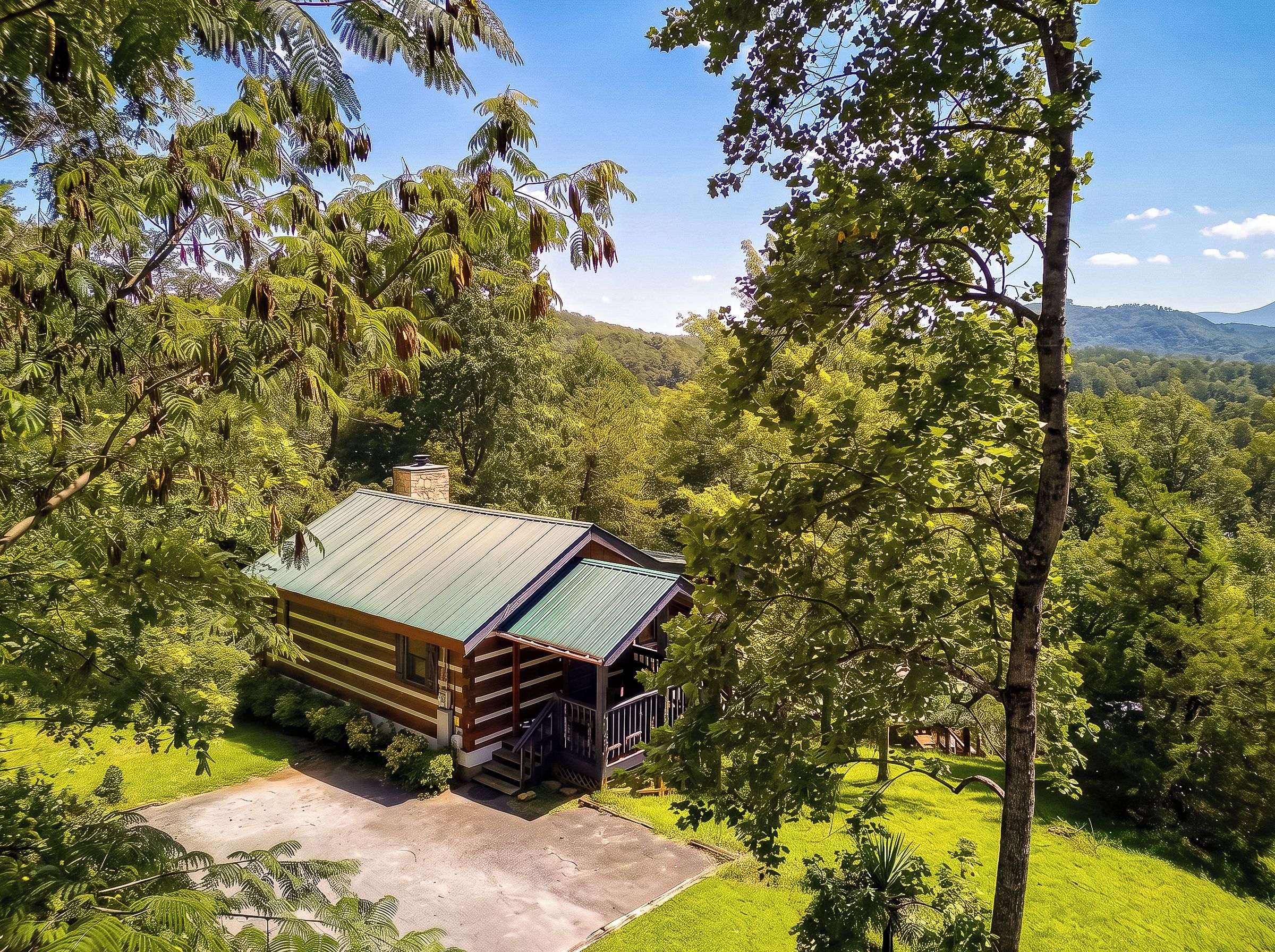 Una baita dal tetto in metallo, circondata da una fitta foresta e un cielo sereno.