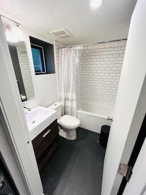 Combined shower/tub, hair dryer, towels, soap
