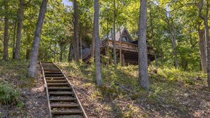 A wooden cabin surrounded by tall trees, accessible via a wooden staircase.