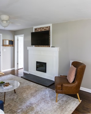 Smart TV, fireplace, books