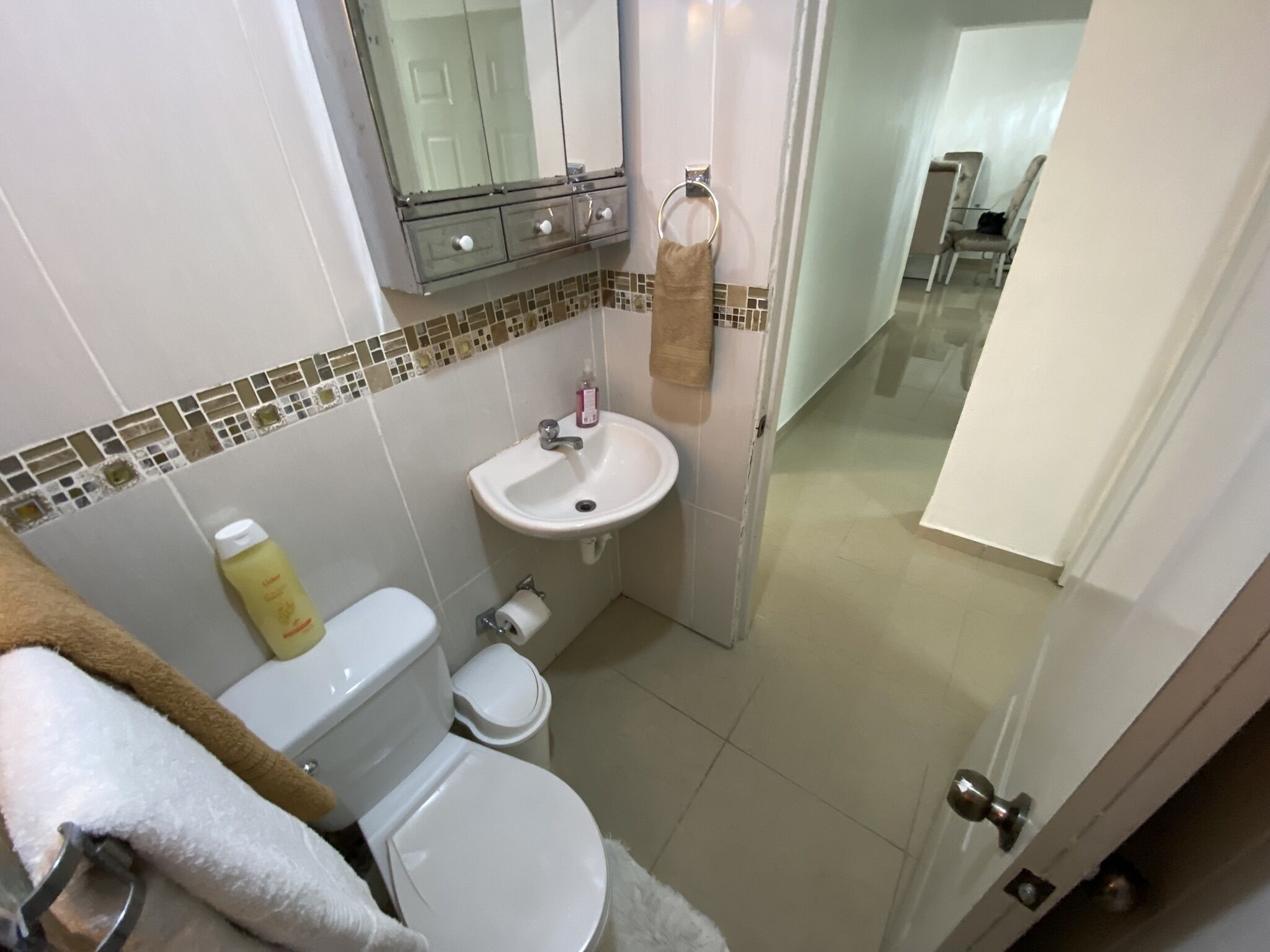 Douche, sèche-cheveux, serviettes fournies, savon