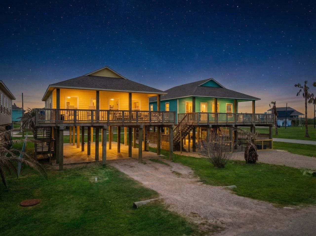 Two beachfront houses with wooden decks and a clear night sky.