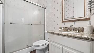 A bathroom with a shower, toilet, sink, and mirror.