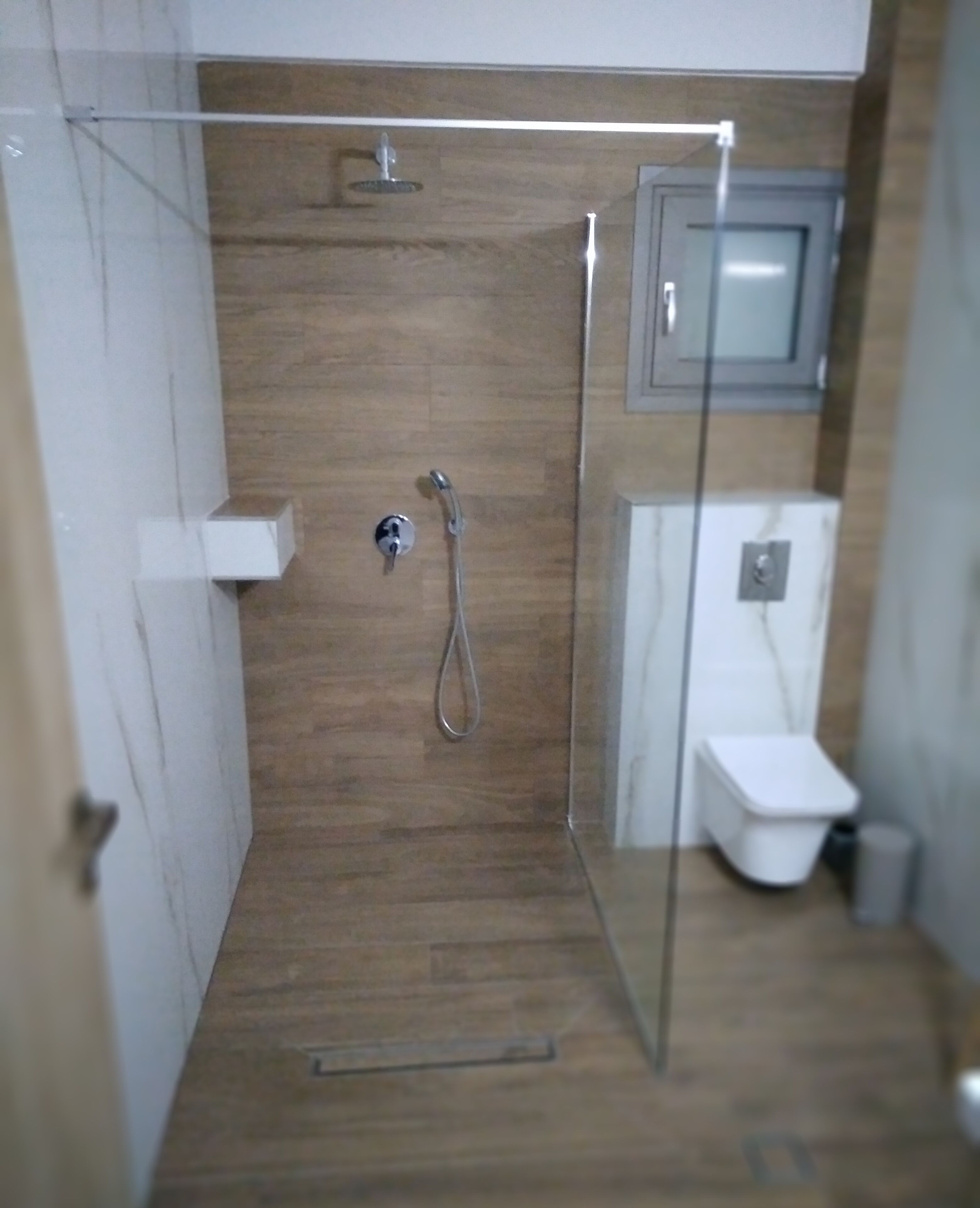 A small, enclosed shower area with a glass door, a white toilet, and a wooden wall.