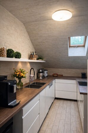 Fridge, microwave, oven, stovetop