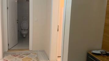 Un pasillo con un rug adornado, un armario de madera y una puerta que da a un baño.