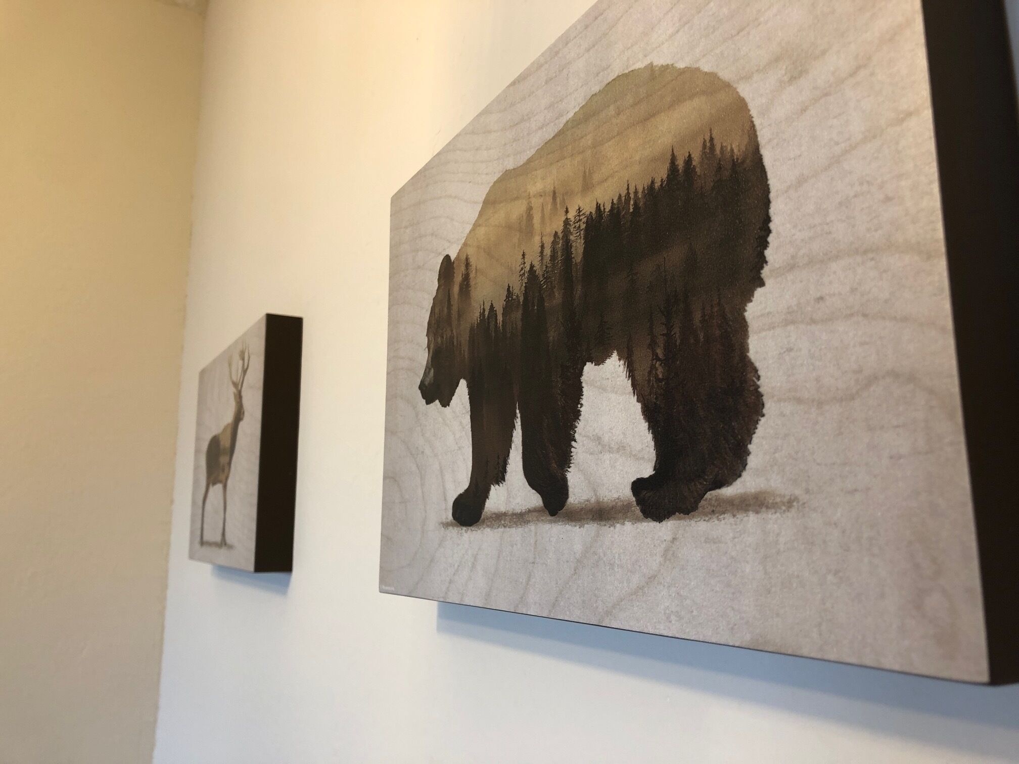 A wall with two framed artworks depicting a bear and a deer.