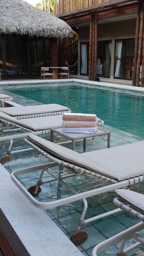 Outdoor pool, sun loungers