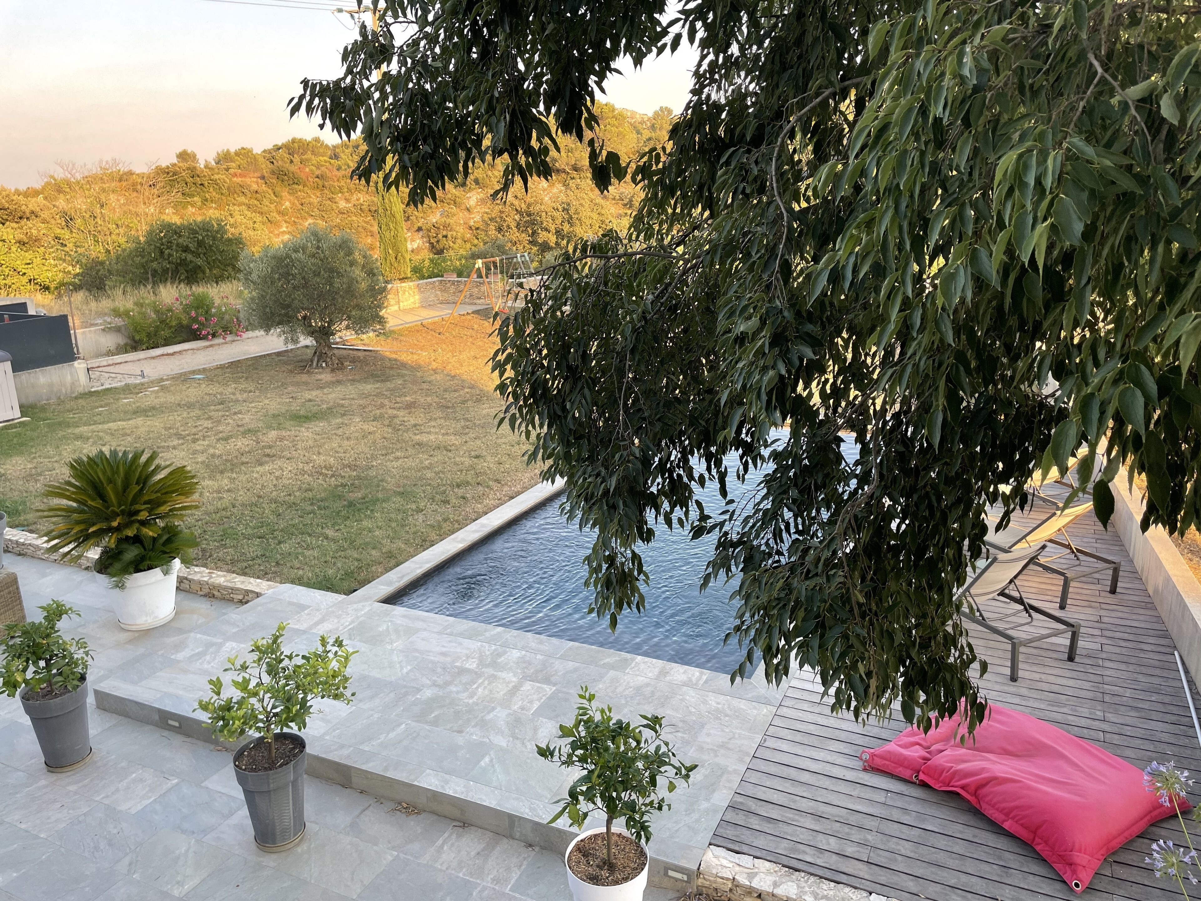 Un jardin avec une piscine, des plantes en pot et une terrasse en bois.