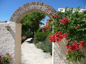 Un chemin de pierre qui traverse une entrée en arc de cercle, bordée d’un mur blanc et agrémentée de fleurs rouges.